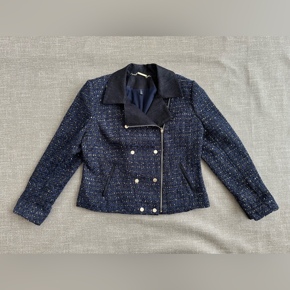 White House Black Market Women’s 14P Petite Lurex Tweed Moto Jacket – Navy Blue - Picture 3 of 16